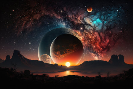 Dramatic moonrise and sunset in the night sky with stars, wind, and a planet. Generative AIの素材