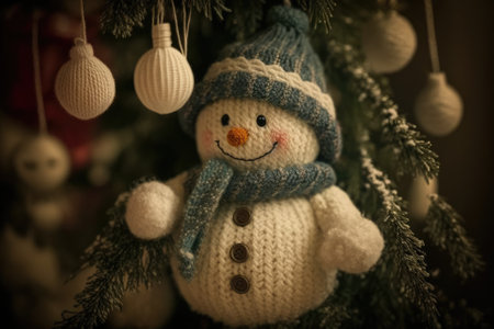 Hanging toy snowman on a Christmas tree. Generative AIの素材