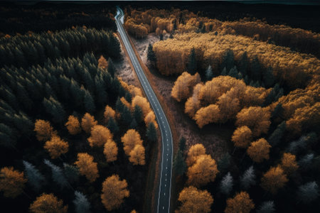 Drone photos of a plain and a woodland with a road. Generative AIの素材