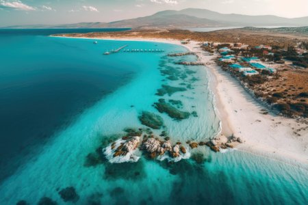 Drone Photo of Ilca Beach, Aegean Region Cesme, Izmir Turkey. Generative AIの素材
