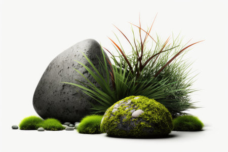 Decorative rocks, grass, and green moss isolated on a white backdrop. Generative AIの素材