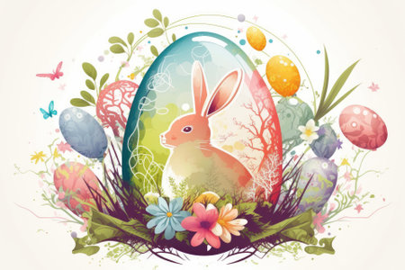 Happy Easter celebration art with a bright painted egg, a spring blossom, and bunny ears. Generative AIの素材