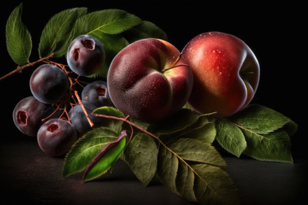 Fresh red and ripe plums against a black background. a nice house plum backdrop. Generative AIの素材