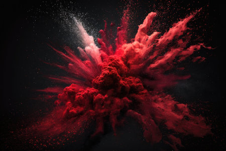 Explosion of red powder on a dark background. Splashing crimson dust particles. Generative AIの素材