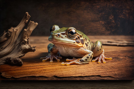 Frog with a white chin the infrafrenata litoria on wood. Generative AIの素材