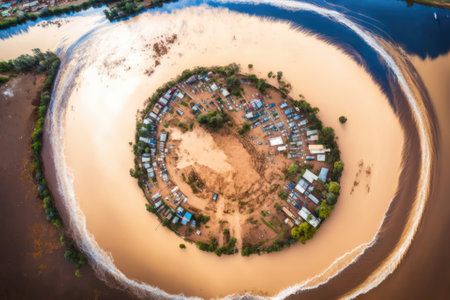 Drone aerial image of Penrith, New South Wales, Australia, showing catastrophic flooding of the Penrith Weir, Nepean River, and flood plain. Generative AIの素材