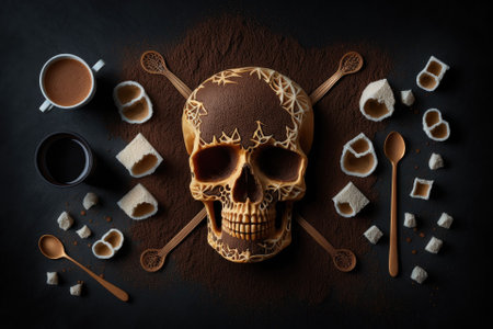 Flat lay of skull bones made of sugar and coffee over a dark backdrop. Generative AIの素材