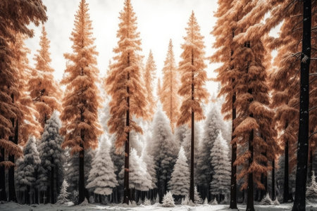 Gorgeous brown pine trees in a forest covered with snow. Generative AIの素材