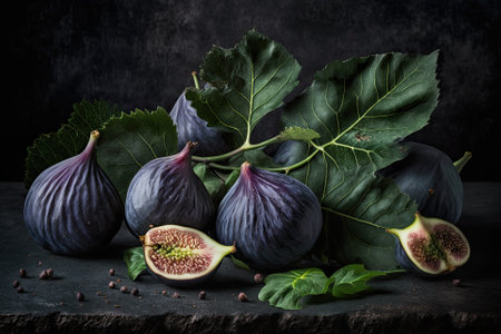 Fresh, ripe figs with green leaves against a black backdrop on a dark table. Mediterranean figs are wholesome. Close up of lovely blue violet figs with no copy. Generative AIの素材
