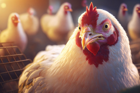 Hen on the chicken farm, close up. Organic farming and lifestyle are concepts. Agriculture in Asia. poultry egg. food from a healthy farm. Chicken meal made naturally. Export import poultry food day w. Generative AIの素材