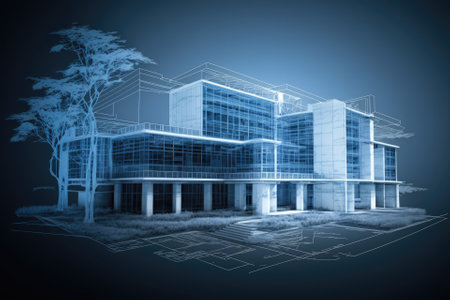 Modern residential building blueprint plan technology, industry, business concept real estate, building, construction, architecture. Generative AIの素材