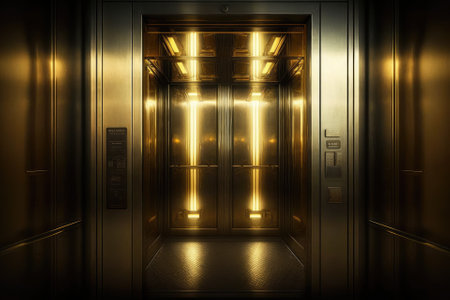 Inside a golden elevator cab, the doors are closed. Generative AIの素材