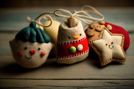 Felt Christmas ornaments with copy space were placed on a wooden table. Generative AIの素材