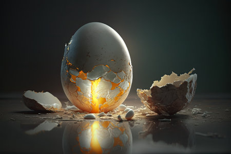 On a white backdrop, a chicken egg and a cracked egg with yolk are seen. Generative AIの素材