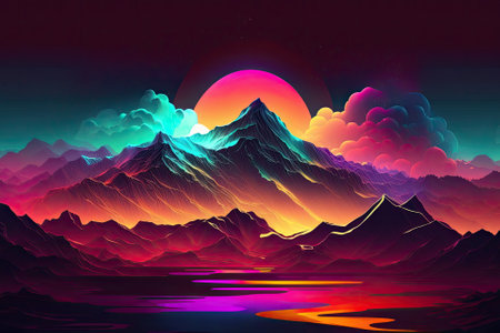 Future scene with an abstract cosmic backdrop and holographic cosmos. Mountain silhouette in neon colors with a glitch. fluid. futuristic form and gradient. The future scenery of Memphis. Generative AIの素材