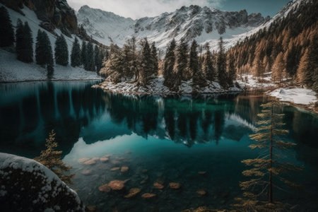 In Switzerland, a lake called Lac Lioson is surrounded by mountains, snow, and forests. Generative AIの素材
