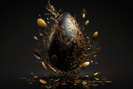 Luxury golden Easter egg falling on a black backdrop with design. Luxury Easter wallpaper including golden and black eggs. Generative AIの素材