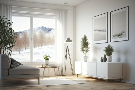 Interior of a white minimalist living room with a couch, dresser on a wooden floor, decorations, and a white landscape beyond the window. Nordic interior design. Generative AIの素材