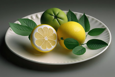 Lemons in green and yellow on a white plate. Generative AIの素材