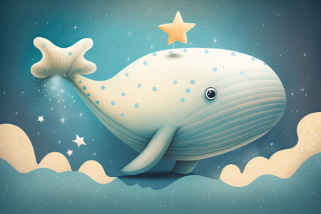 Illustration of a cute whale with a large star in the backdrop. Generative AIの素材