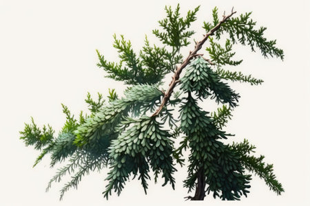 On a white background, a branch of thuja looks green. Generative AIの素材