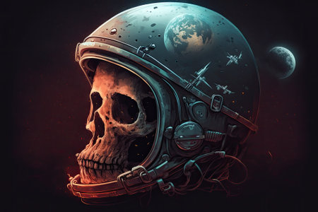 Illustration of a skull wearing an astro helmet. Generative AIの素材