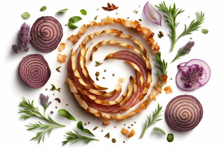 Sliced red onion rings on a white background with a clipping path and a collection of herbs and spices. Generative AIの素材