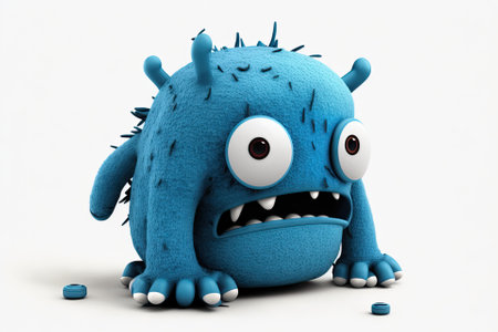 Illustration of a blue monster with injuries on a white backdrop. Generative AIの素材