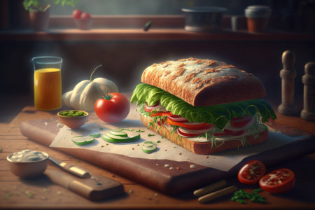 Sliced in half Ciabatta Sandwich with Lettuce, Tomatoes, Ham, and Cheese. Generative AIの素材