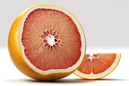 Half a solitary grapefruit on a white background up close. Generative AIの素材