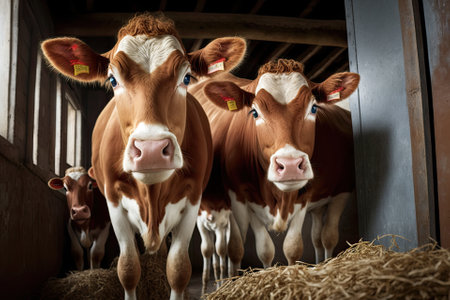 Red shirted cows in a portrait pose consume hay in a stall. dairy farming and cattle sector. Generative AIの素材