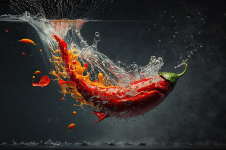 Red chili makes a loud splash when it submerges deeply. Generative AIの素材
