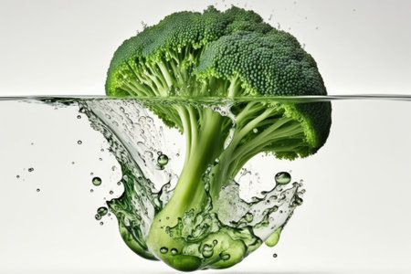 Over a white background, green broccoli spills into pure water. Generative AIの素材