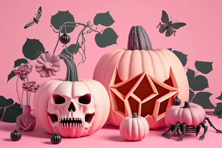 Skeletal paws, pumpkins, and spiders on a pink backdrop. Generative AIの素材