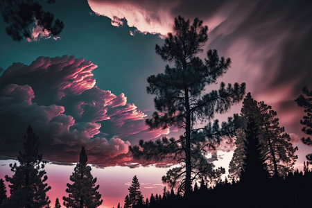 In the dusk, a majestic sky with pink clouds contrasts with the shadows of pine trees. Generative AIの素材