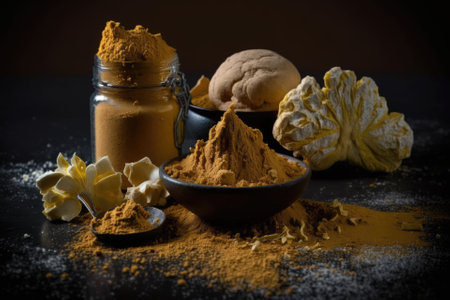 Over a dark background, selective focus, freshly crushed ginger paste or puree, and entire adrak. Generative AIの素材