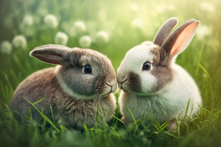 Two lovely bunnies enjoying and playing in the meadow green grass together. relationship with the Easter Bunny Happy bunny. Generative AIの素材