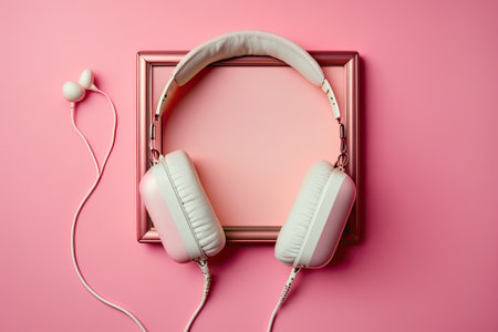 Pink headphones with an empty frame on a colourful background. Generative AIの素材