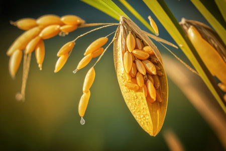 Rough rice. View of rice seeds up close in a paddy ear. Rice ear with lovely golden rice field. Generative AIの素材