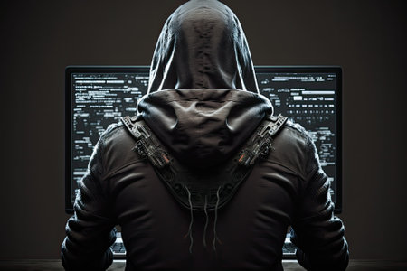 back view of male hacker gets access denied while trying to plant a malware. Generative AIの素材