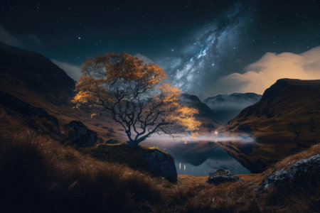 autumnal night in the highlands with a starry sky, golden leaves, and fog. Generative AIの素材