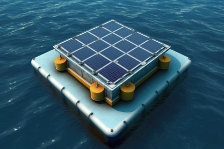 Solar panels or solar cells atop a buoy floating in a lake, sea, or ocean are seen from above. a water based power plant that uses renewable energy. Ecological technique for industrial electric power. Generative AIの素材