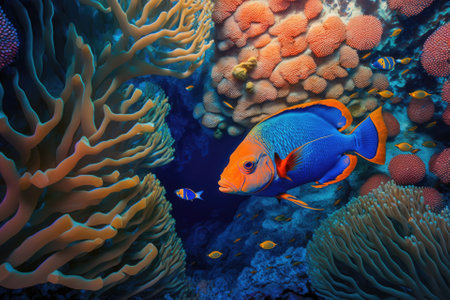 View from overhead of an Egyptian red sea surgeon fish swimming amid reefs. Generative AIの素材