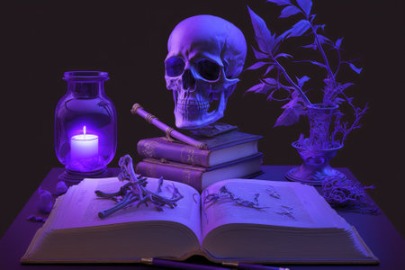 Using purple light to highlight books and skulls. Generative AIの素材