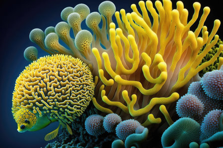 fantastic bright yellow corals with little fish with vibrant colors. Generative AIの素材
