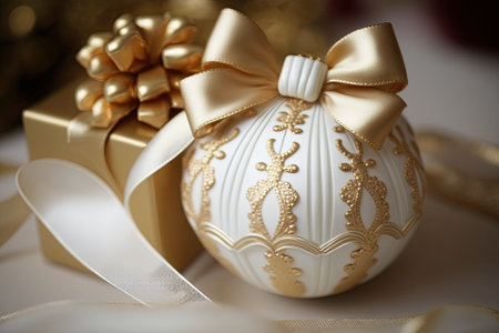 White bow and golden present on Christmas baubles. Generative AIの素材
