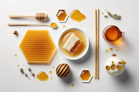 fresh honey composition with a white backdrop and a top view. Generative AIの素材
