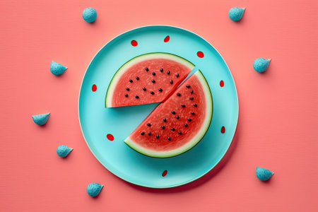 Watermelon design Blue backdrop with a red watermelon. summertime idea. top perspective, copy space, and a flat lay. Generative AIの素材