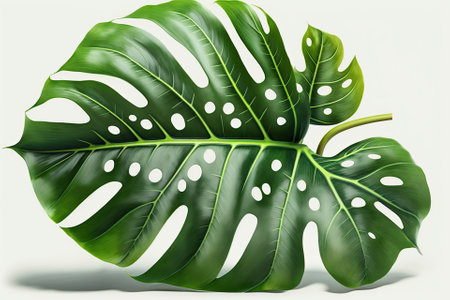 Swiss Cheese Plant, a monstera huge green jungle leaf with a distinctive tropical floral pattern, isolated on a white backdrop. Generative AIの素材