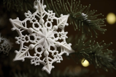 atop the Christmas tree, a knitted white snowflake. Generative AIの素材